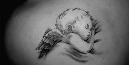 Sleeping Baby Angel Tattoo On Shoulder